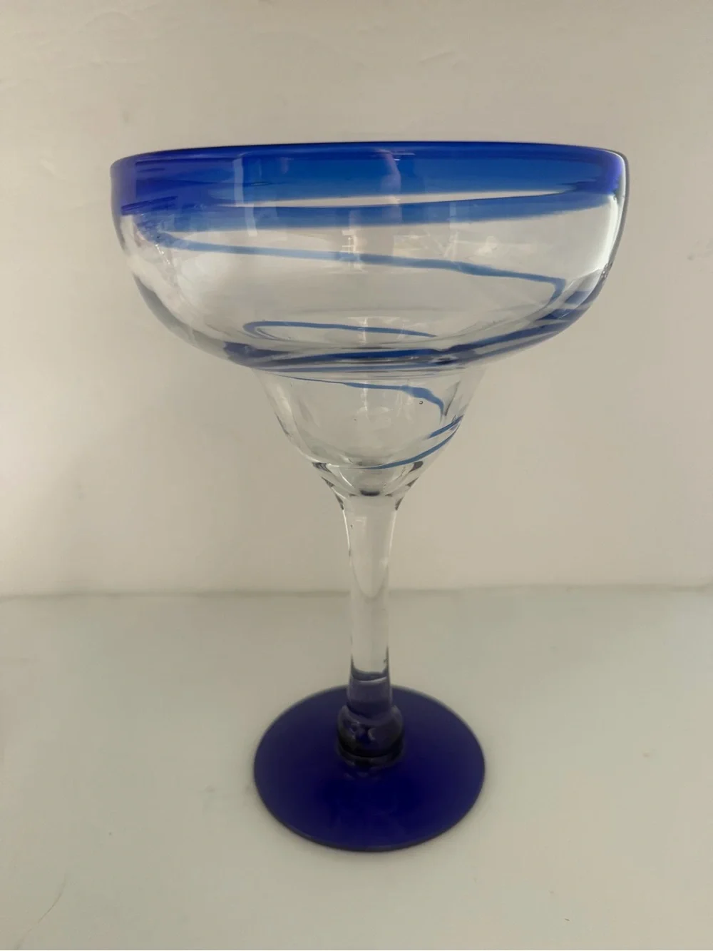 Set of 2 Hand Blowing Large Margarita Glasses with Blue & Red Accents